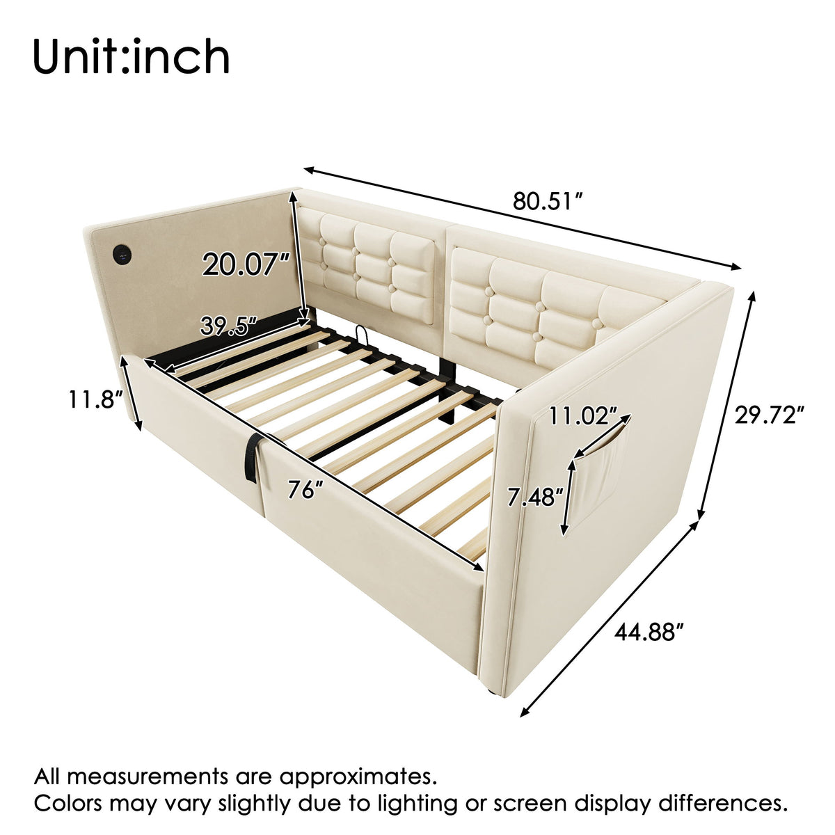 Upholstered Hydraulic Storage Daybed With USB & Type C Charging