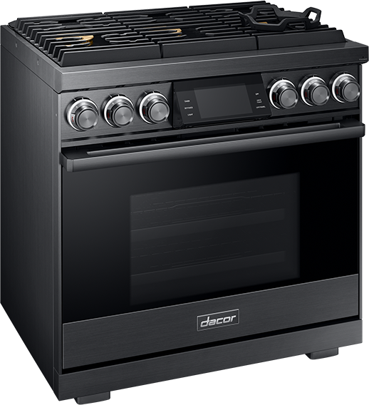Dacor DOP36M96GLM/DA 36 inch professional gas range graphite stainless steel - angled product photo