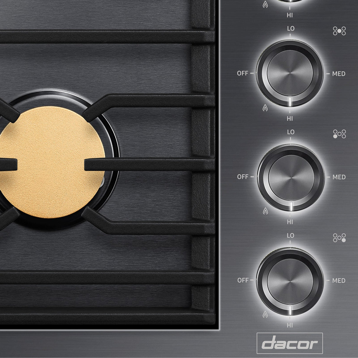 Dacor DTG36M955FM illuminated knobs detail