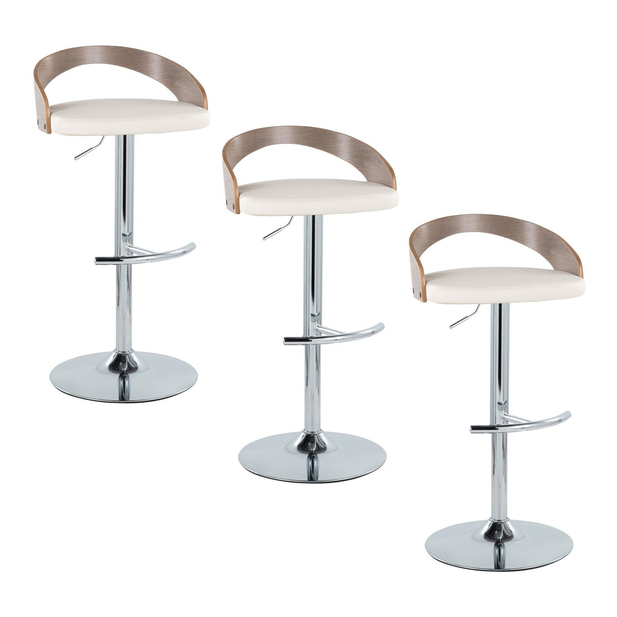Grotto - Adjustable Barstool - Chrome Metal, Light Grey Wood