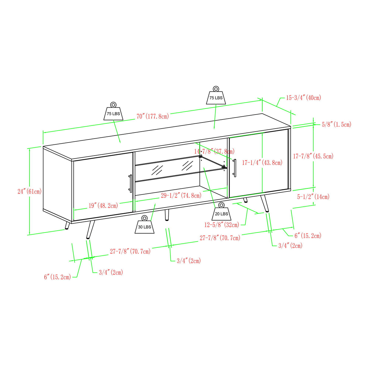 Mid-Century Modern 2 Door TV Stand With Glass Shelf