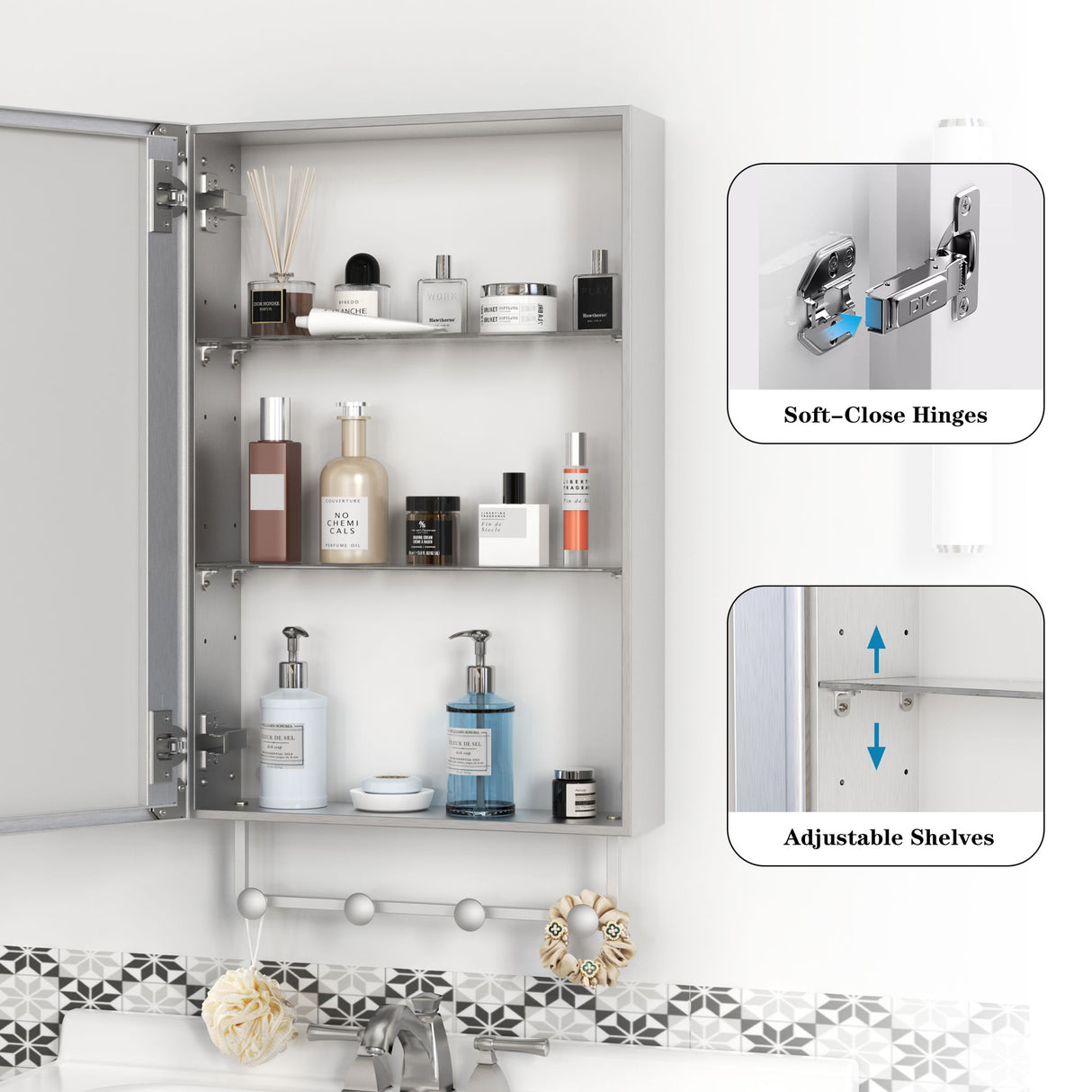 Medicine Cabinet, Wall Mounted Bathroom Mirror With Storage, Adjustable Shelves - Silver