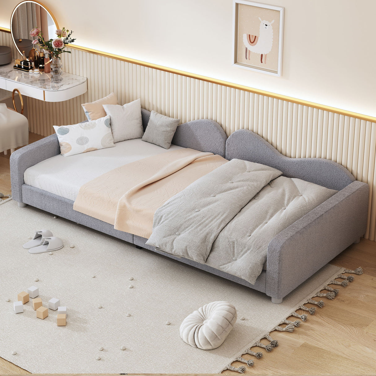 Upholstered Daybed, Sherpa Fabric Sofabed With Cloud-Shaped Backrest
