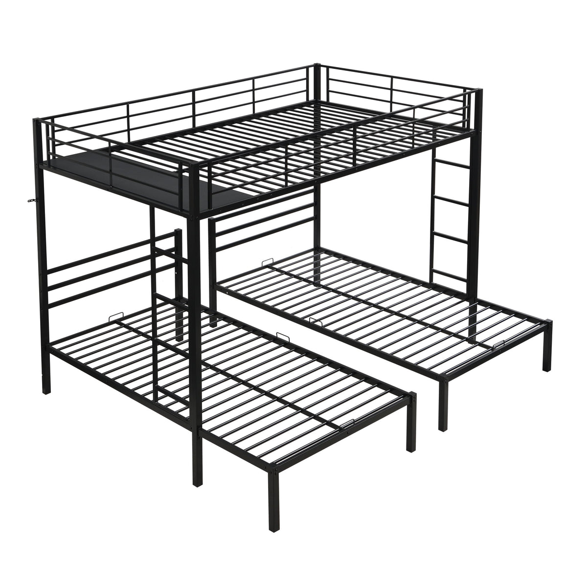 Modern Metal Triple Bunk Bed With Vertical Ladder, Safety Rail, And Storage Shelf - Black