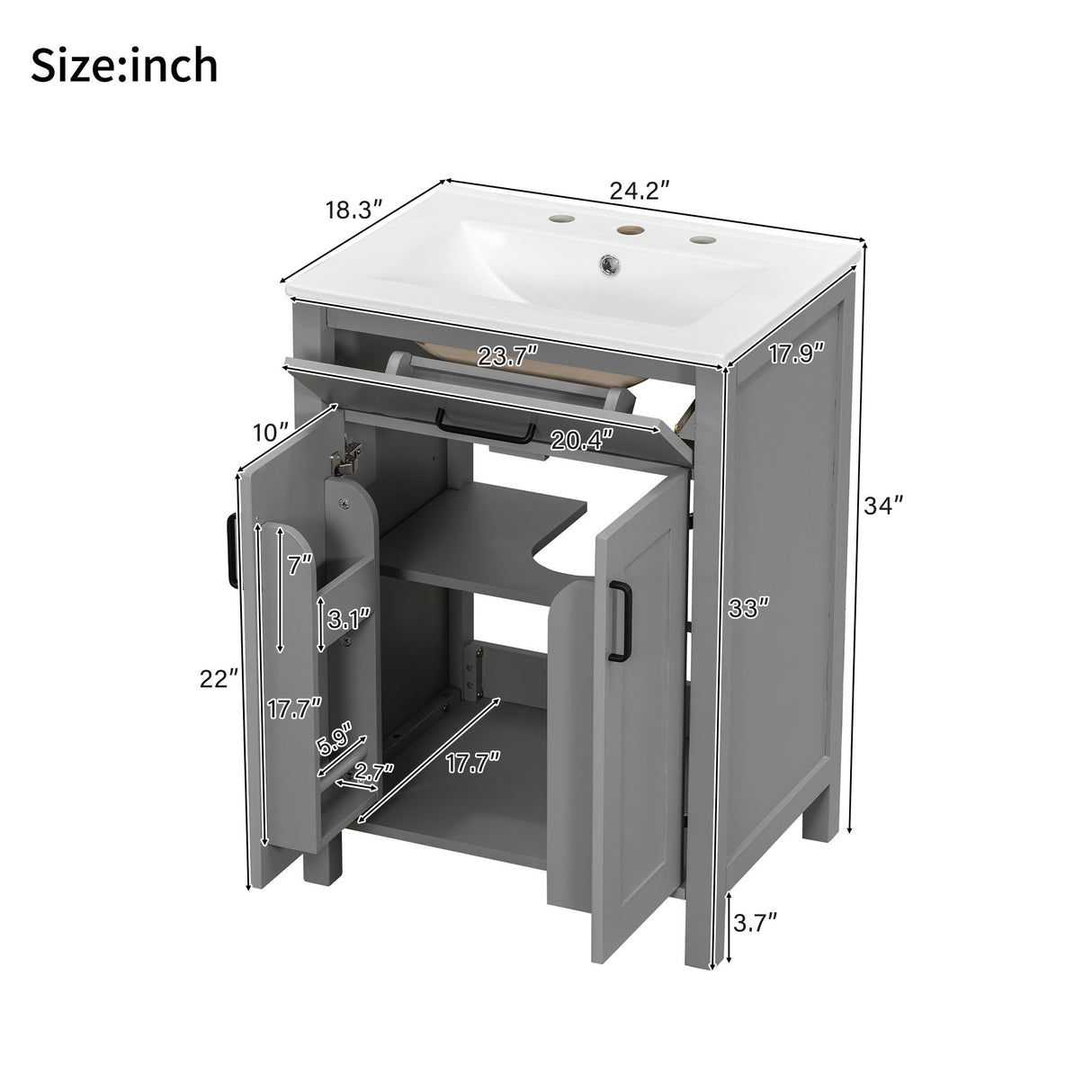 Bathroom Vanity With Ceramic Sink, Soft Close Doors, Flip Drawer, Double Layer Door Shelves
