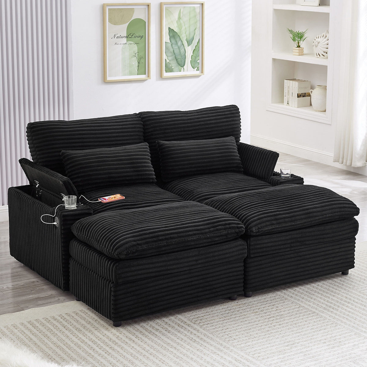 Convertible Loveseat Sofa With Storage, USB Ports, Cup Holders