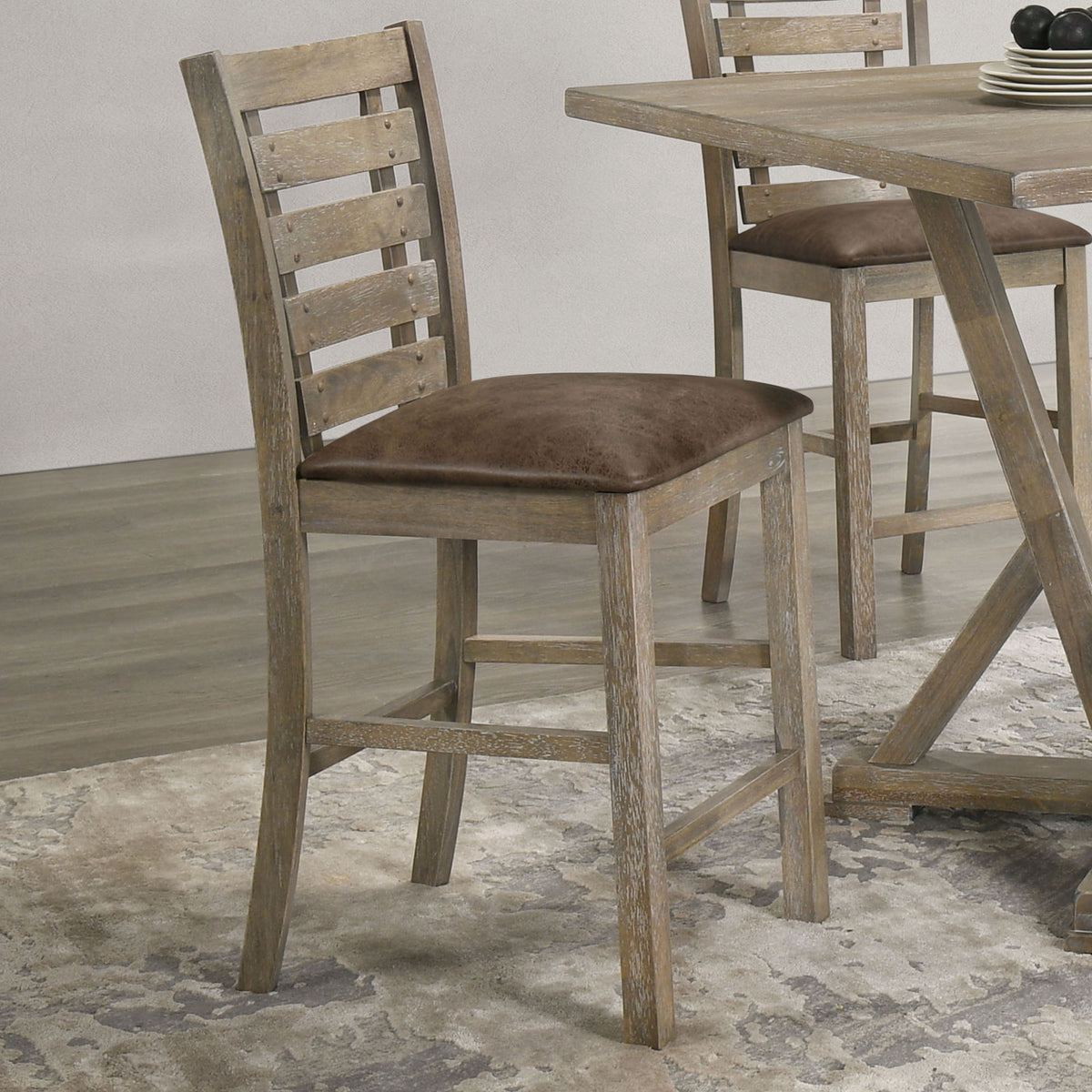 Dining Counter Height Chairs Modern Farmhouse Rustic Look Distressed Design Ladderback Solid Wood (Set of 2) - Grayish Brown
