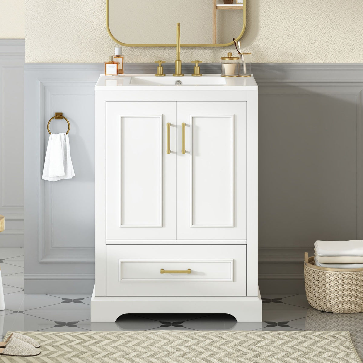 Bathroom Vanity With Sink, 1 Divided Drawer And 2 Soft Close Doors With Double Shelf