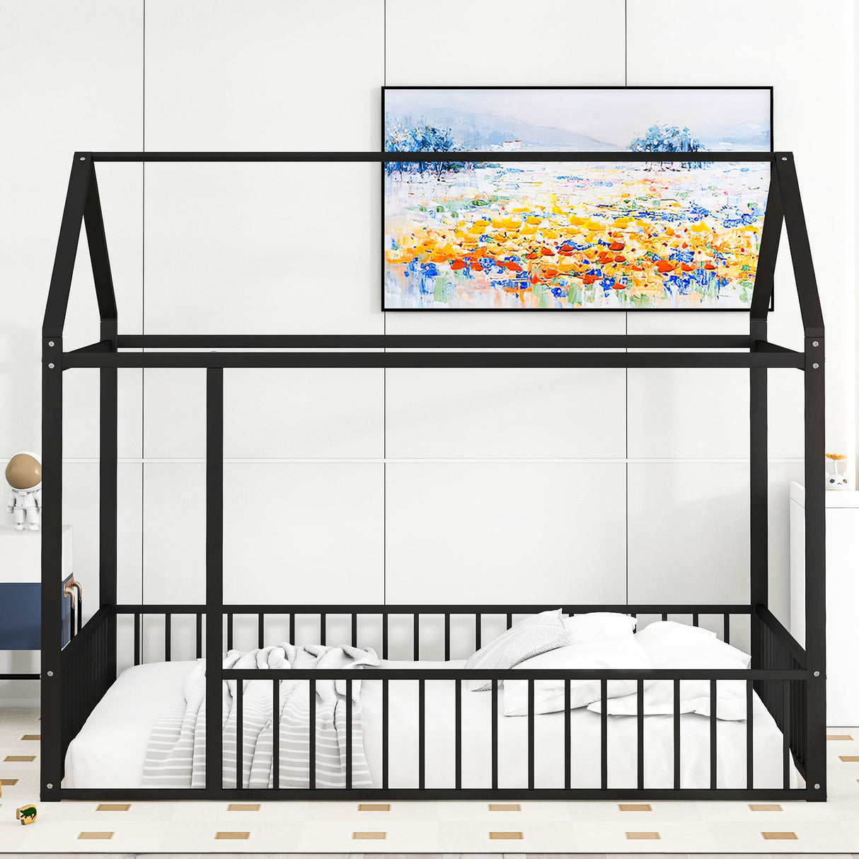 Metal Bed House Bed Frame With Fence