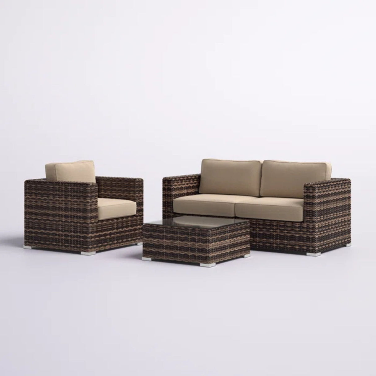 Modern Style Hdpe Wicker Seating Group With Cushions For 3 People In Brown Finish