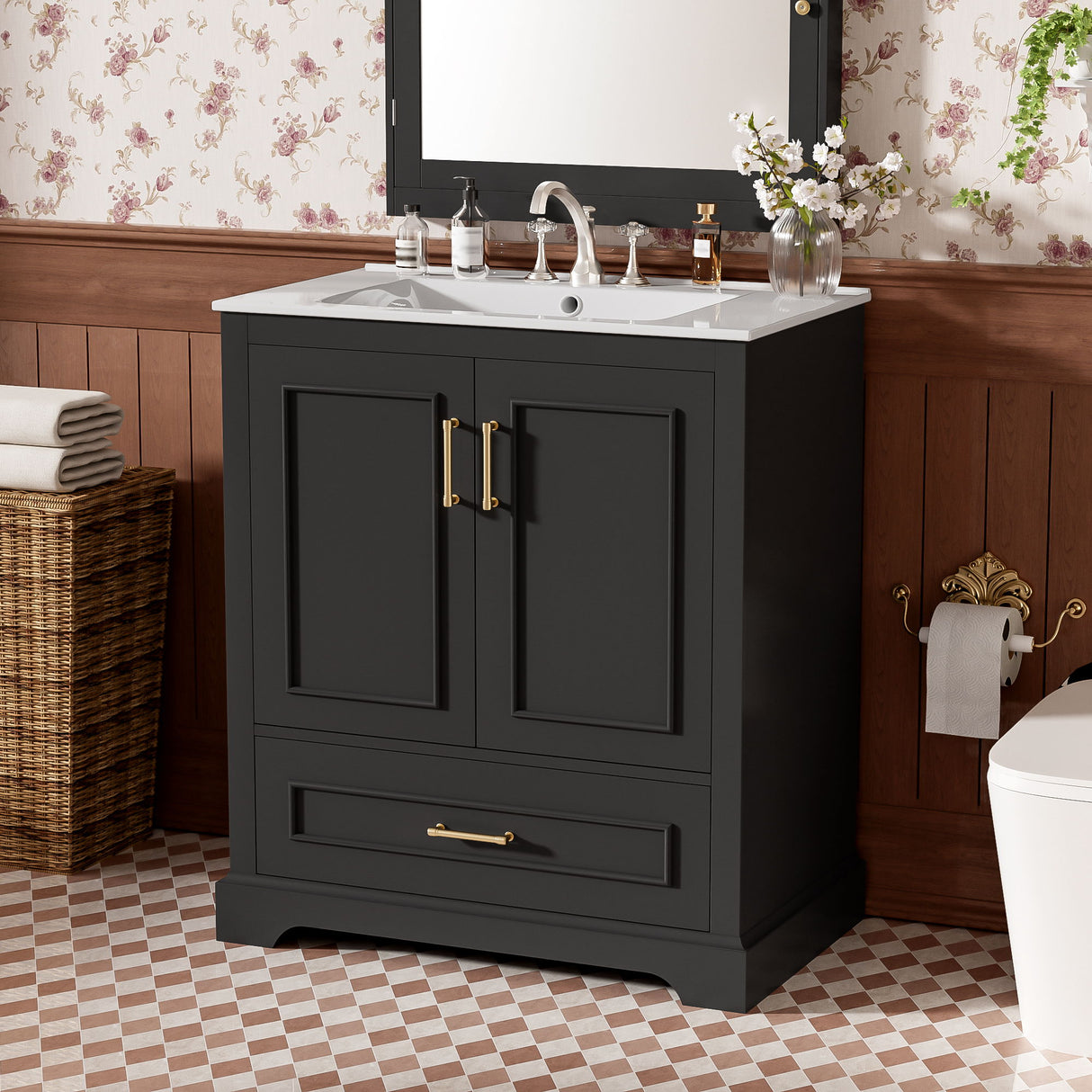 Bathroom Vanity With Sink, 1 Divided Drawer And 2 Soft Close Doors With Double Shelf