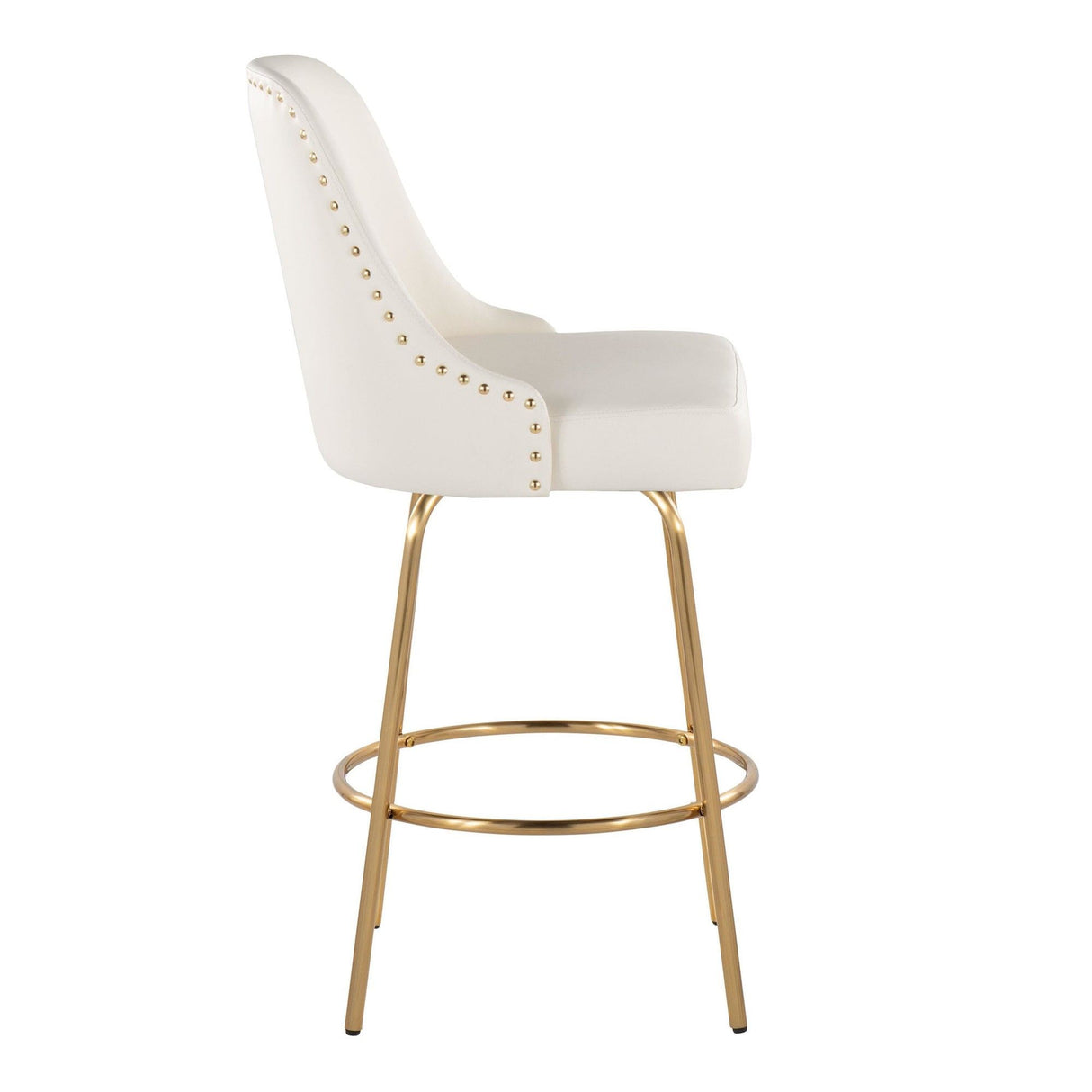 Marcel - 27" Fixed-Height Counter Stool With Swivel And Round Gold Metal Footrest (Set of 2) - Gold Metal And White Faux Leather With Gold Nailhead Trim