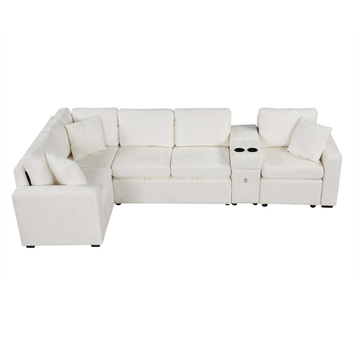 Contemporary L Shaped Convertible Sofa Bed With Pull Out Bed, Cup Holders, And Storage