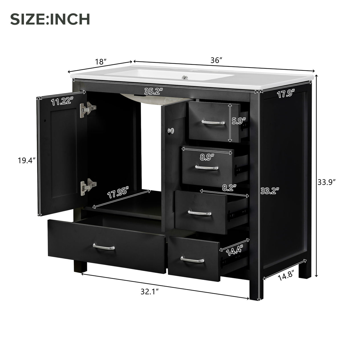 Bathroom Vanity With Ceramic Sink Combo, Abundant Storage Cabinet 2 Soft Close Doors And 5 Drawers