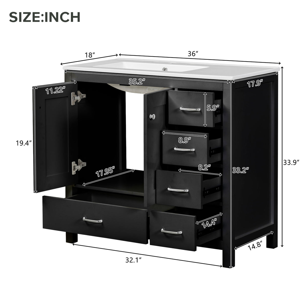 Bathroom Vanity With Ceramic Sink Combo, Abundant Storage Cabinet 2 Soft Close Doors And 5 Drawers