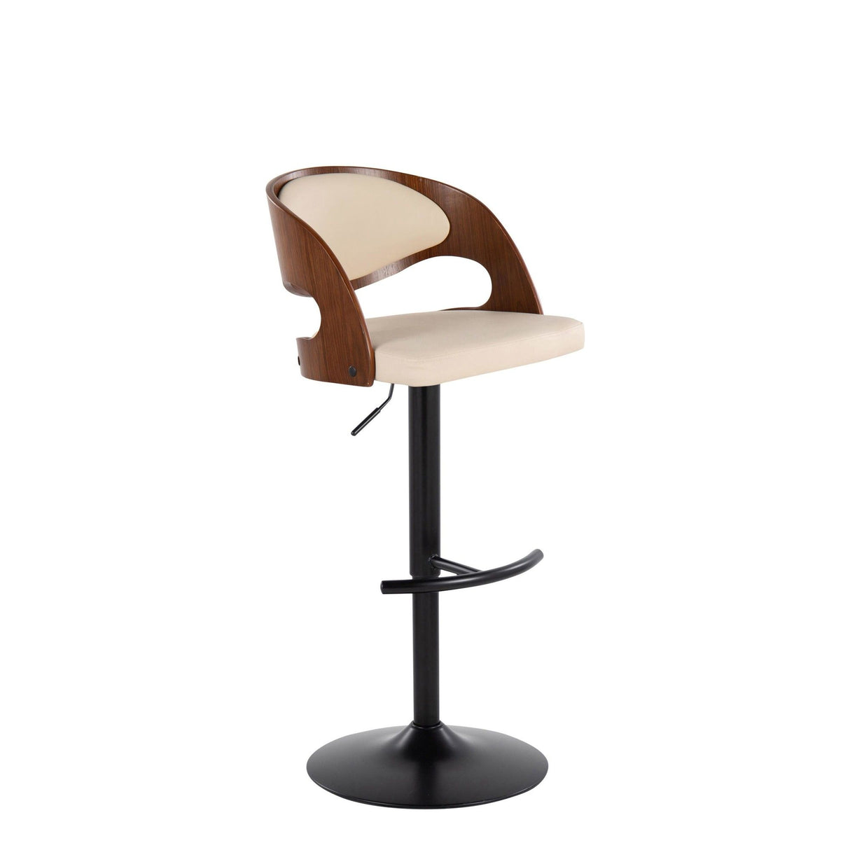 Pino - Mid-Century Modern Adjustable Swivel Barstool (Set of 2) - Black Metal, Walnut Wood