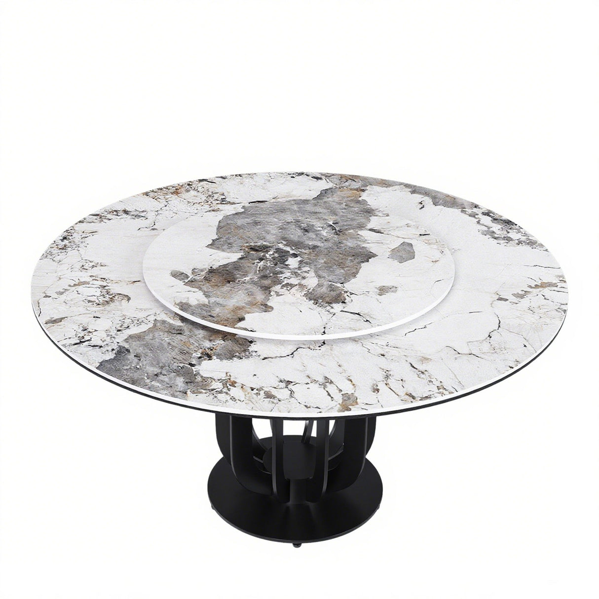 Round Dining Table With Carbon Steel Base And Lazy Susan Industrial Style - Black / White