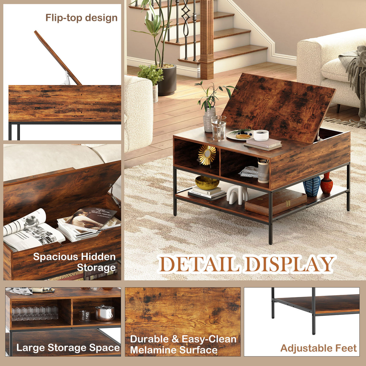 Rustic Flip Top Coffee Table With Hidden Storage - Black / Brown