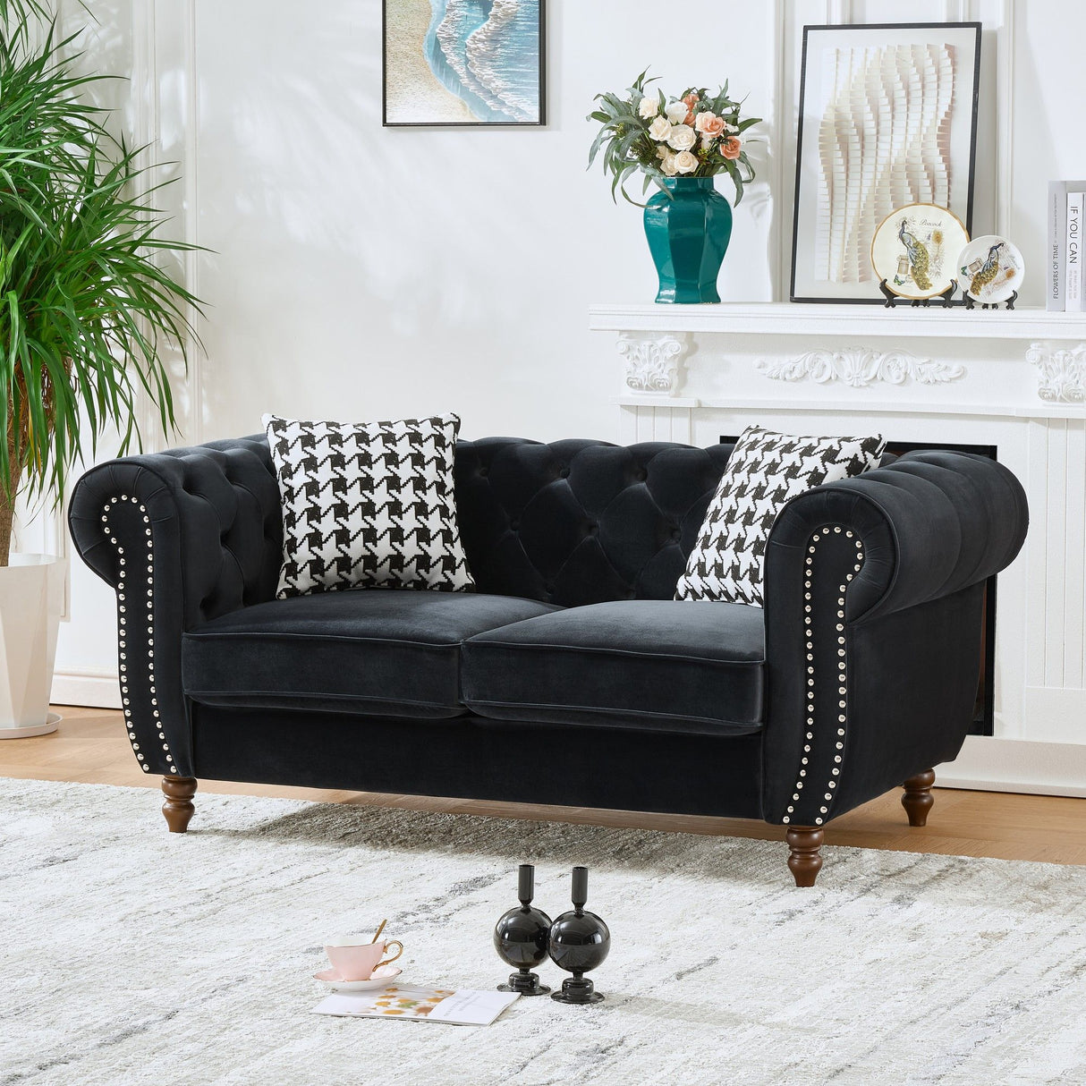 Chesterfield Velvet Upholstery Fabric Loveseat With Roll Armrest And Nailhead