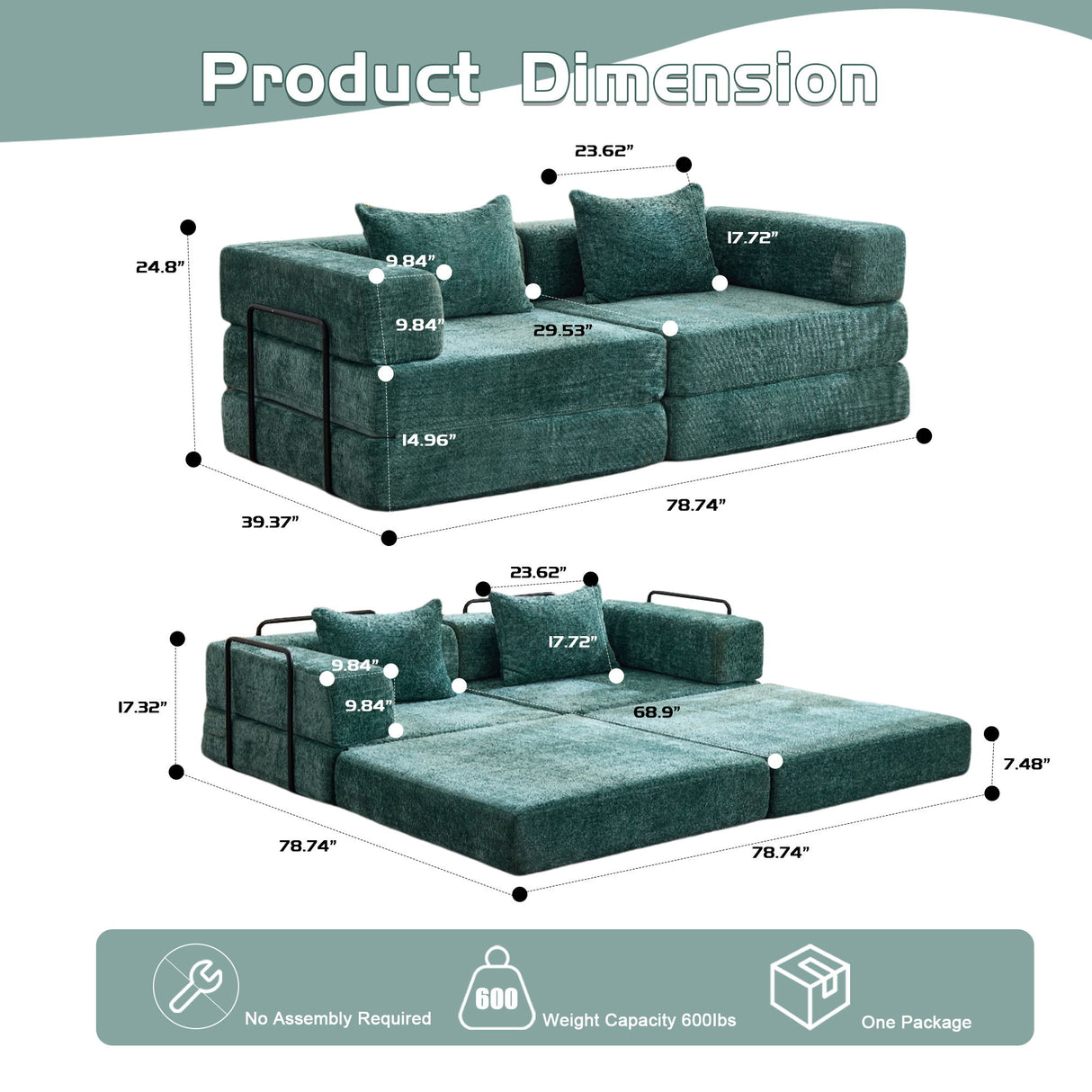 Convertible Floor Sofa Bed With Pillow Back Support Armrest