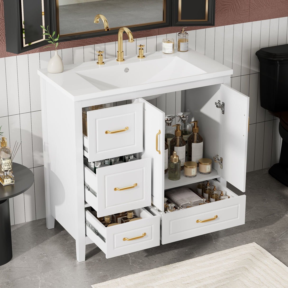 Bathroom Vanity With Sink, Soft Closing Doors & Drawers, Metal Handles