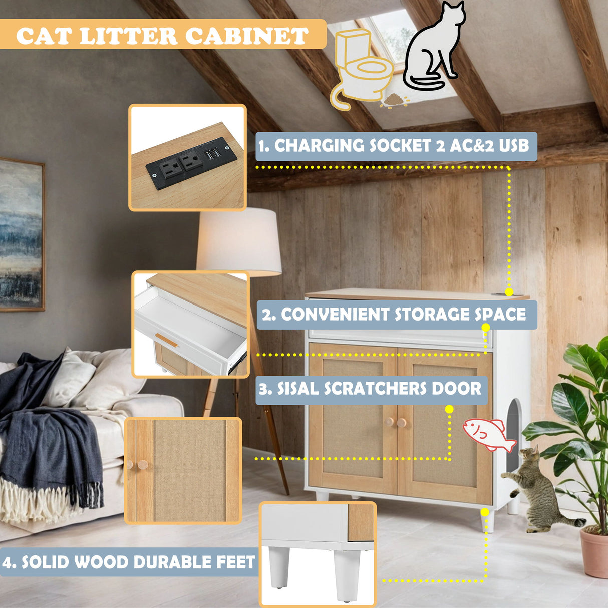 Pet Friendly Furniture Style Cat Litter Box House With Sisal Scratching Door And Charging Socket - Beige / White
