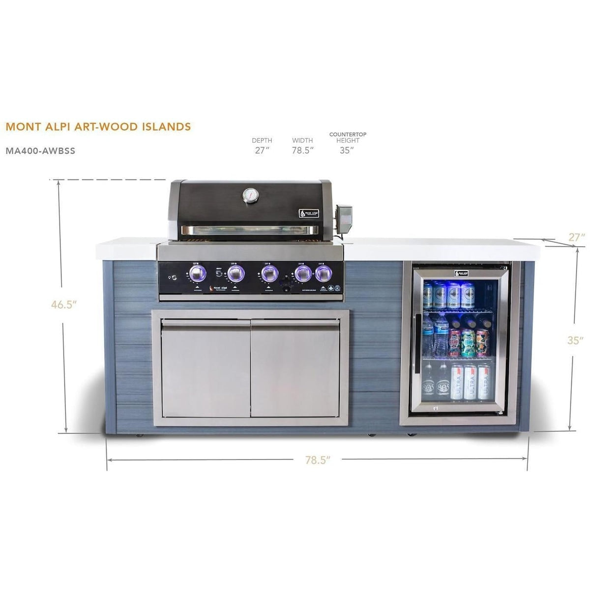 Mont Alpi Artwood Series 6.5 Ft Propane Outdoor Kitchen Island w/ 4-Burner Grill - MA400-AWBSS