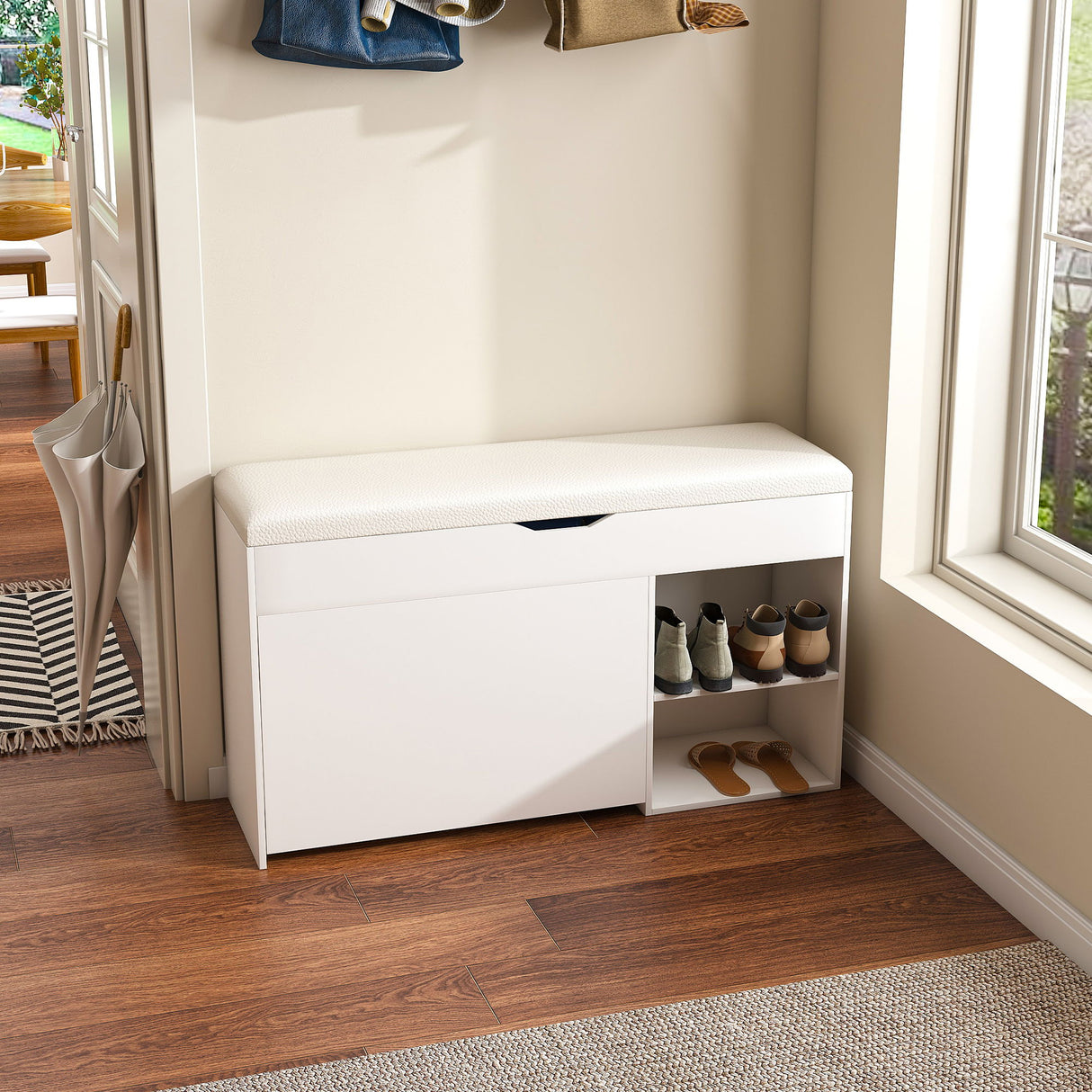 Modern Design Entryway Bench With Adjustable 3 Tier Flip-Up Drawers And Hidden Cabinet - White