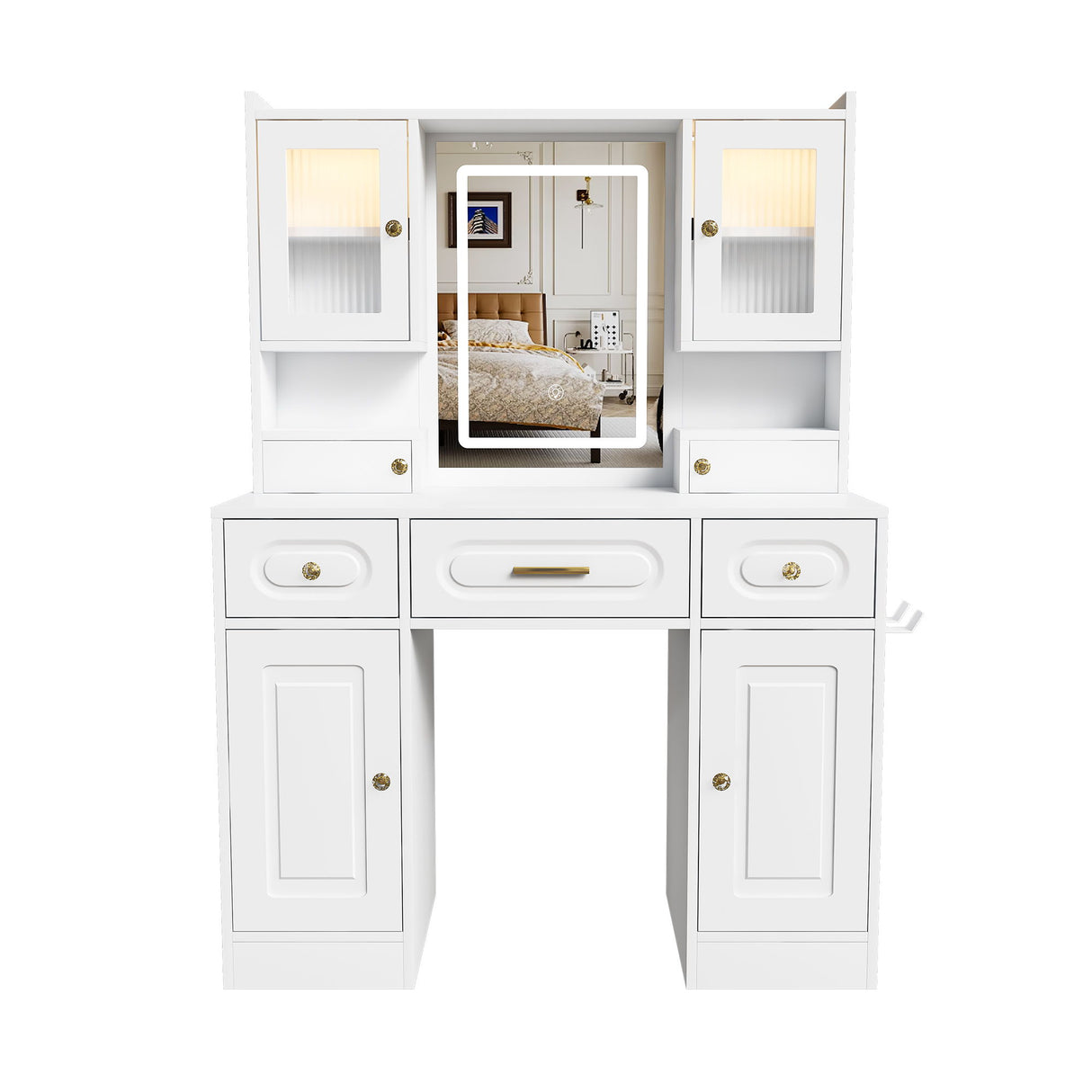 Large Vanity Table Set With Mirror, 6 Drawers & Shelves, Power Socket, Hair Dryer Holder, Cabinet Light, Dressing Desk - White