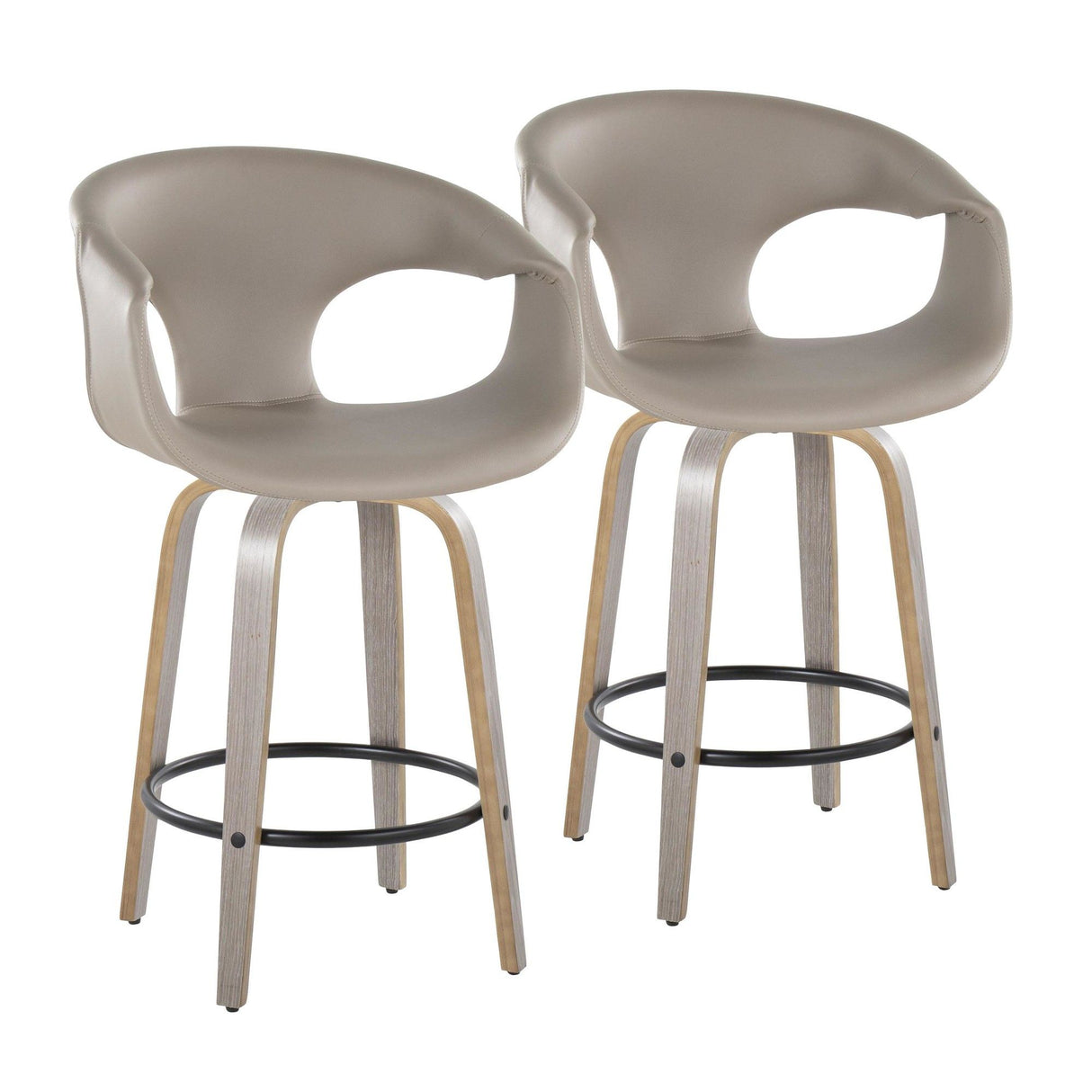 Curvo - Contemporary Fixed-Height Swivel Counter Stool (Set of 2) - Light Gray Wood And Light Gray Faux Leather With Round Black Metal Footrest