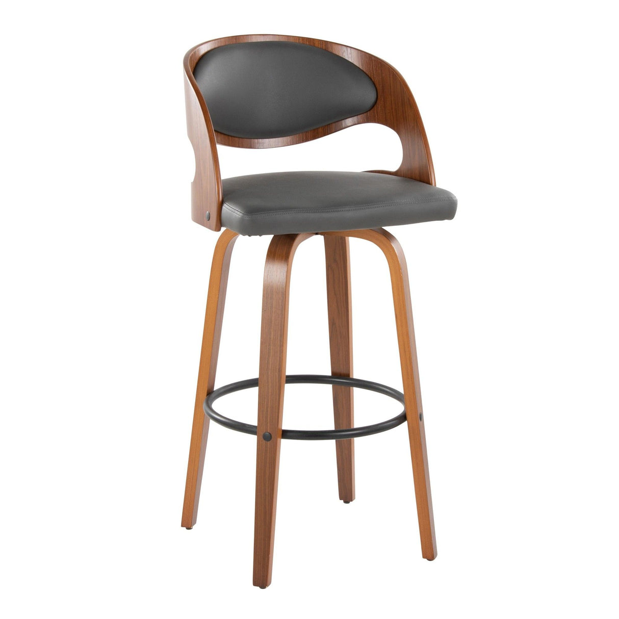 Pino - Mid-Century Modern Fixed-Height Swivel Barstool (Set of 2) - Walnut Wood And Gray Faux Leather With Round Black Metal Footrest