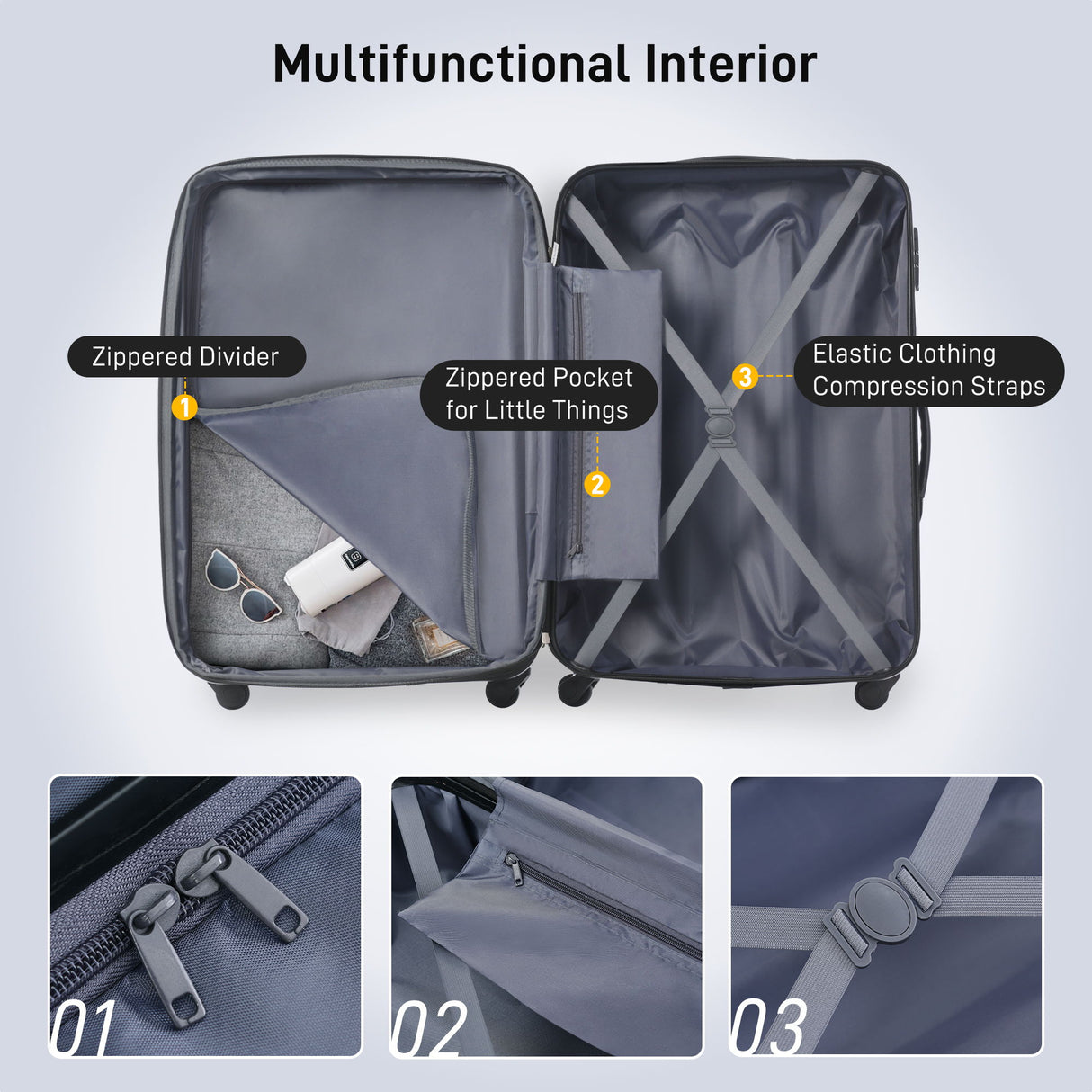 3 Piece Luggage Set Hardside Spinner Suitcase With TSA Lock