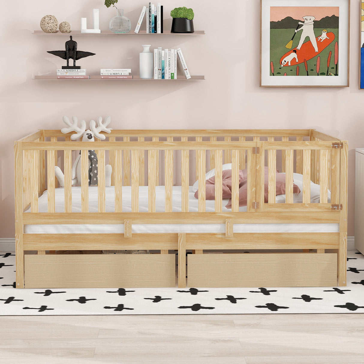 Daybed With Fence Guardrails And 2 Drawers, Split Into Independent Floor Bed & Daybed
