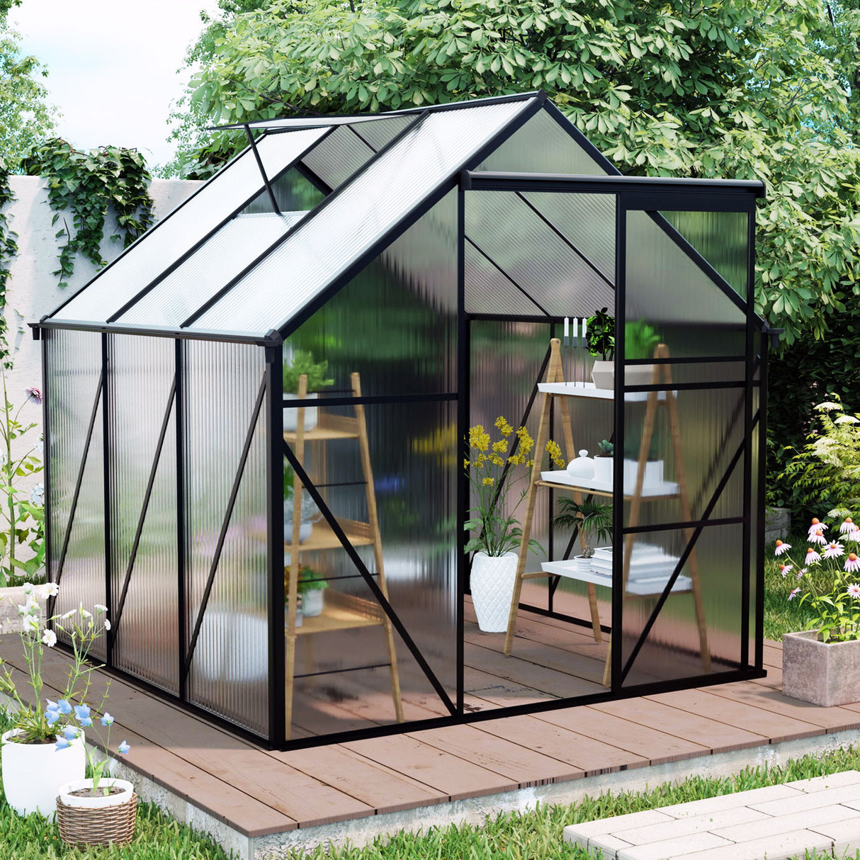 Polycarbonate house Raised Base And Anchor Aluminum Heavy Duty Walk-In houses For Outdoor Backyard In All Season