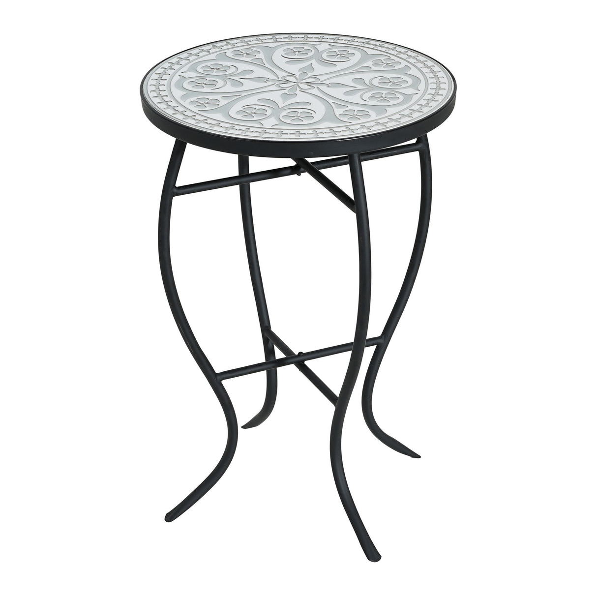 Outdoor Round Side Table With Mosaic Style Top And Curved Iron Legs