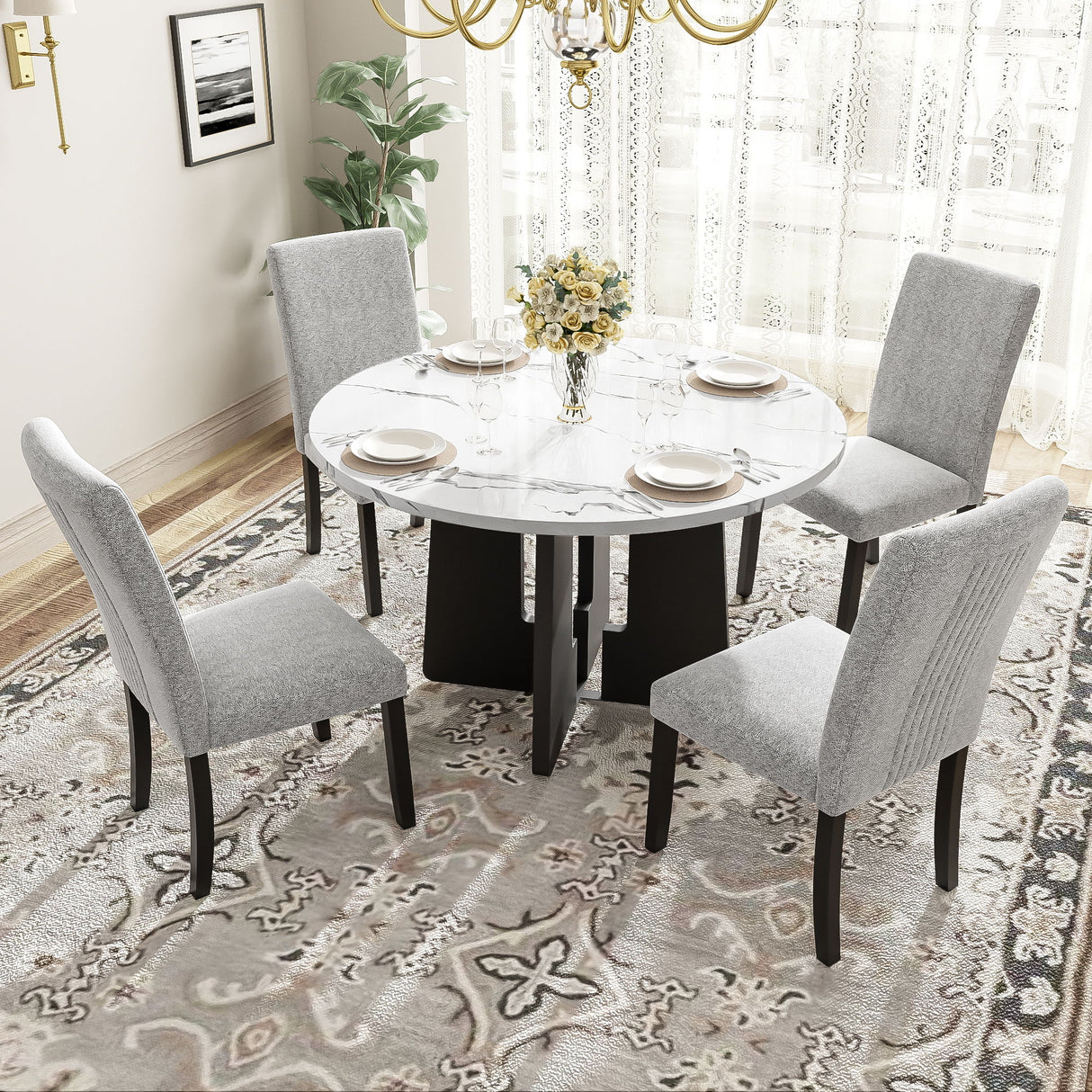 5 Piece Round Dining Table Set, Dining Table And 4 Upholstered Chairs For Dining Room, Kitchen Room, Living Room - White / Gray