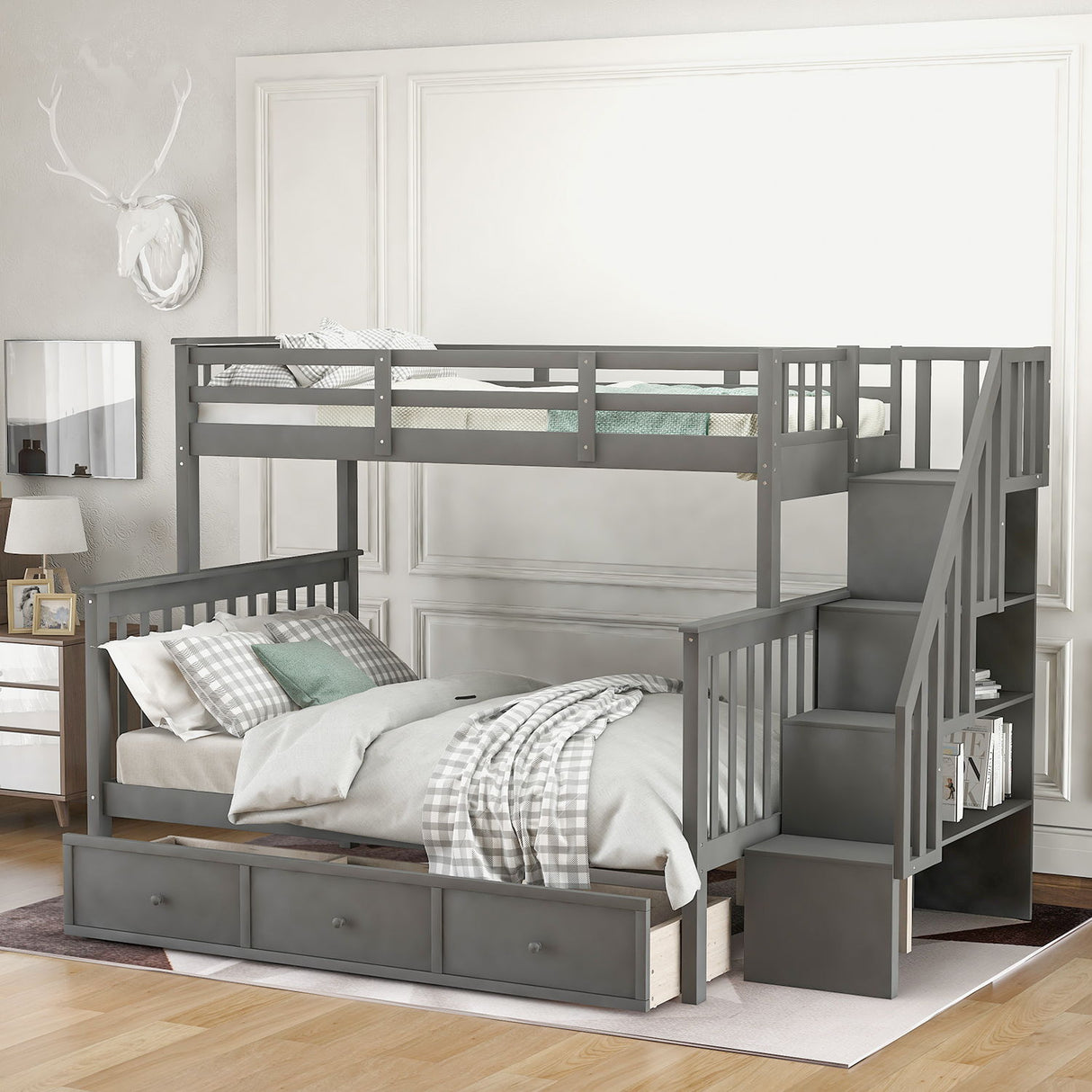 Stairway Bunk Bed With Storage And Guard Rail For Bedroom