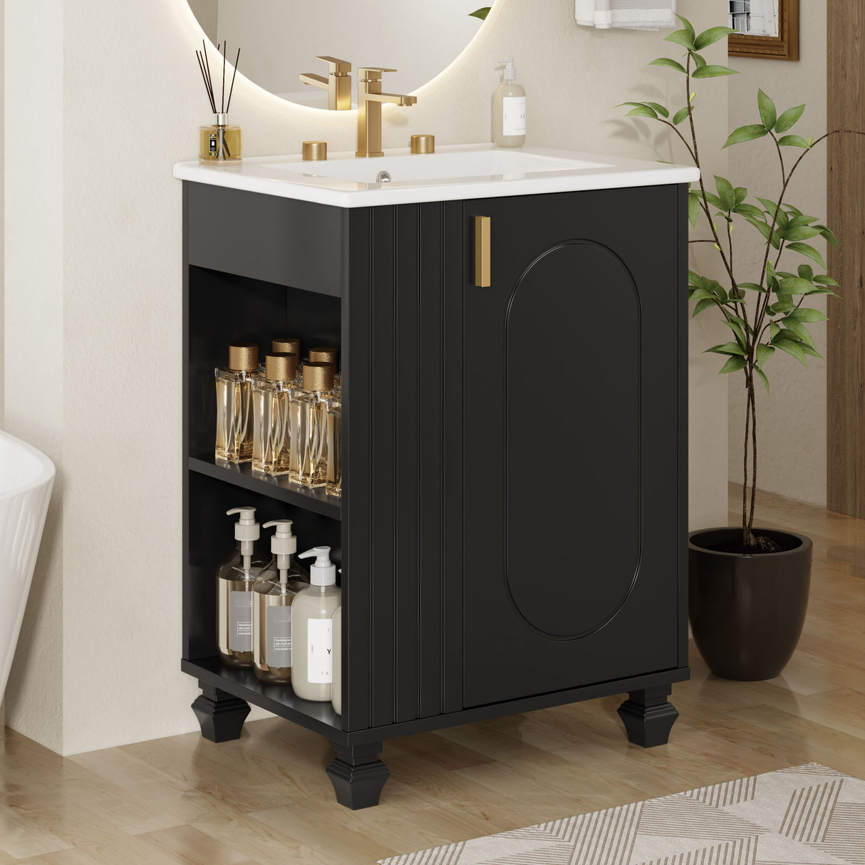 Classic Retro Bathroom Vanity With Sink, Door Shelf, Side Open Storage Frame