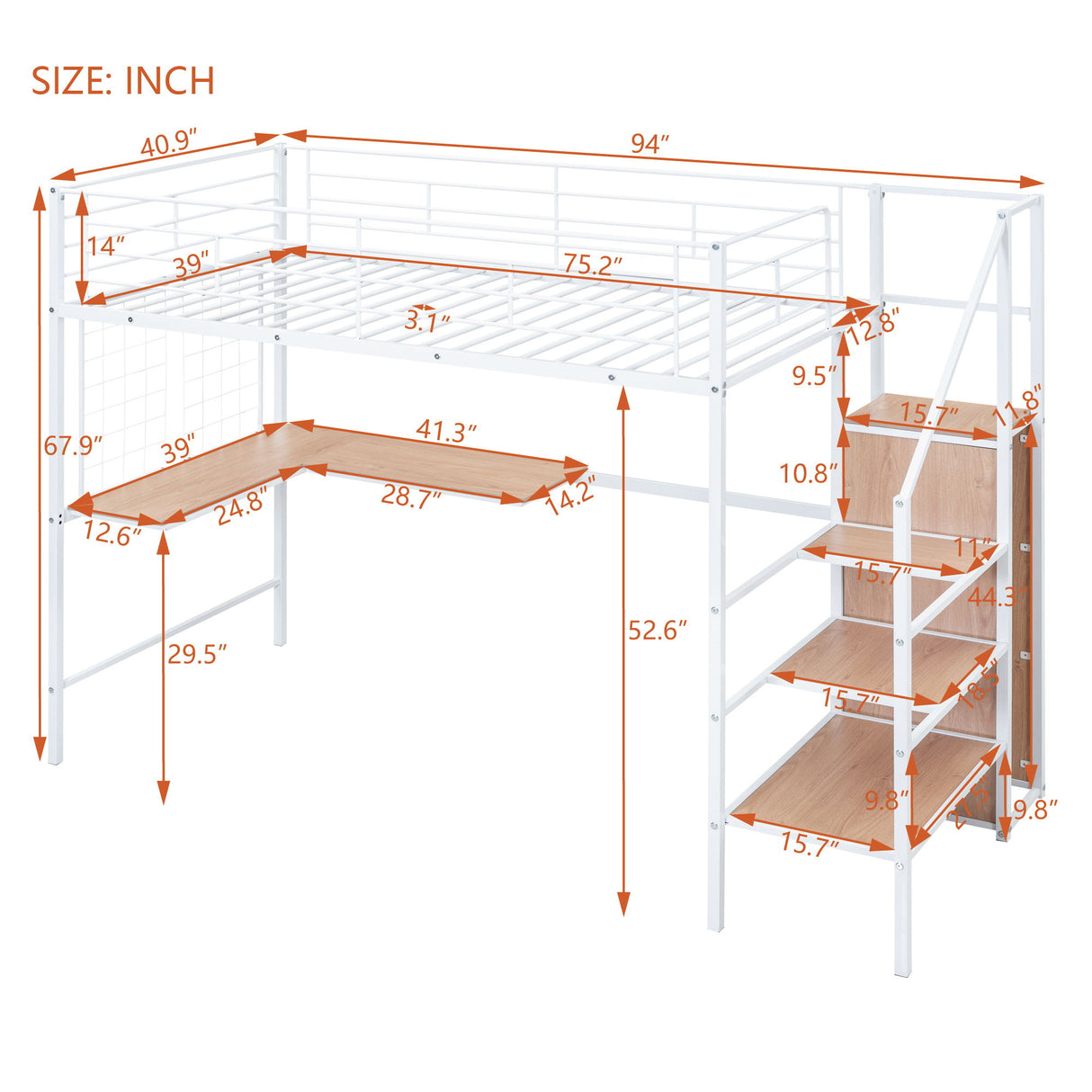 Loft Bed With Desk And Grid, Stylish Frame With Lateral Storage Ladder And Wardrobe
