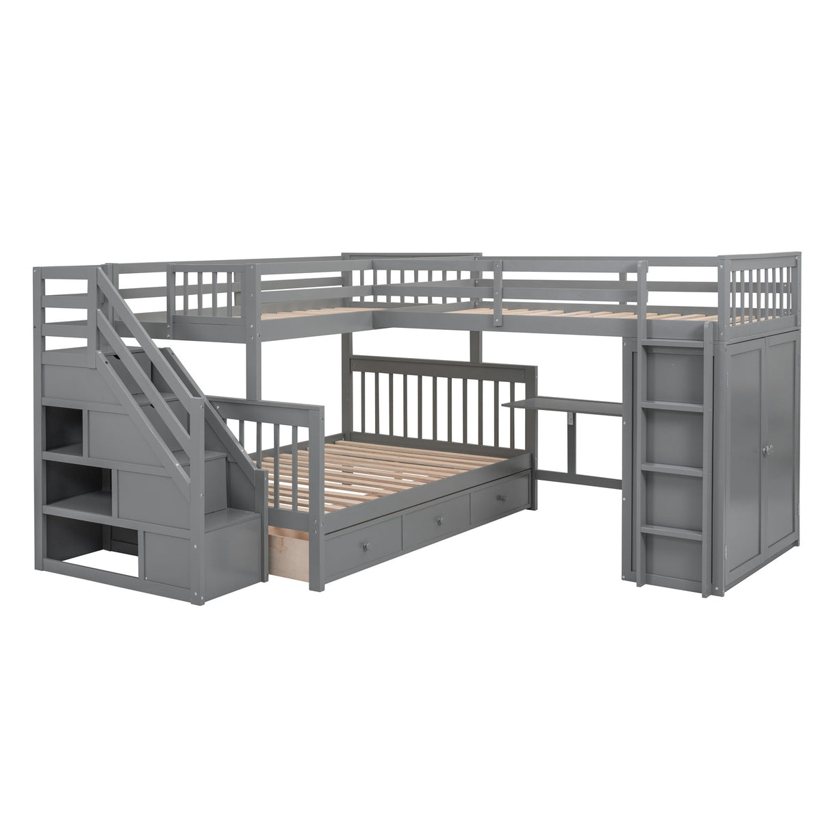 L Shaped Bunk Bed With 3 Drawers, Portable Desk And Wardrobe