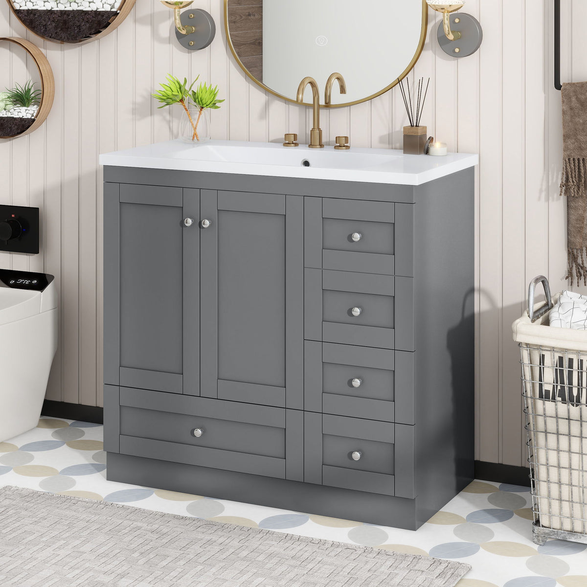 Shaker Free Standing Bathroom Vanity Cabinet With Sink, Soft Close Drawers, Soft Close Doors
