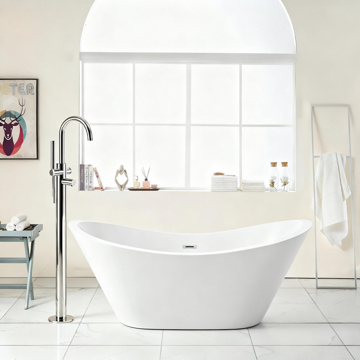 Glossy Freestanding Bathtub, Double Slipper Design, Deep Soaking Comfort
