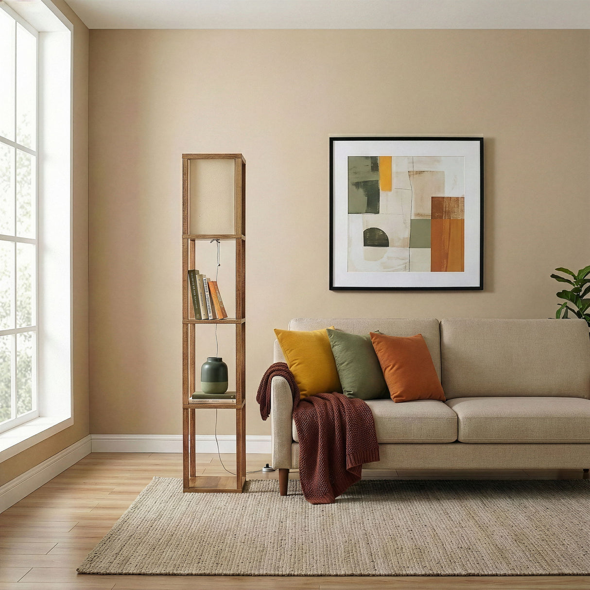 Pinnacle - Shelf Floor Lamp For Bedroom / Living Room, Long Shade - Natural Wood / White