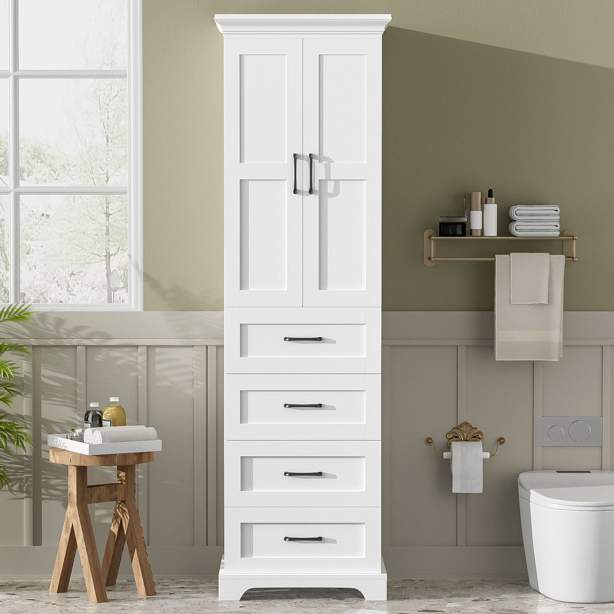 Bathroom Vanity With 2 Damping Hinge Doors, 3 Drawers, Adjustable Shelves - White