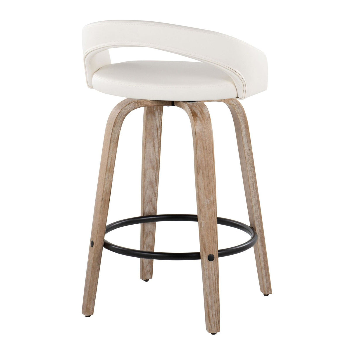 Grotto - Upholstered Fixed-Height Counter Stool (Set of 2) - Whitewashed Wood, White Faux Leather, Black Metal