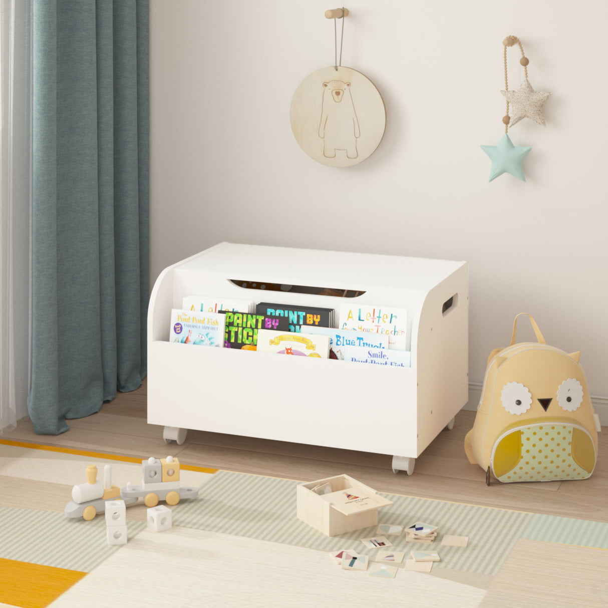 Toy Box With 4 Universal Wheels, Kids Playroom Storage Organizer With Front Bookshelf, Flip Top Lid, Safety Hinge - White