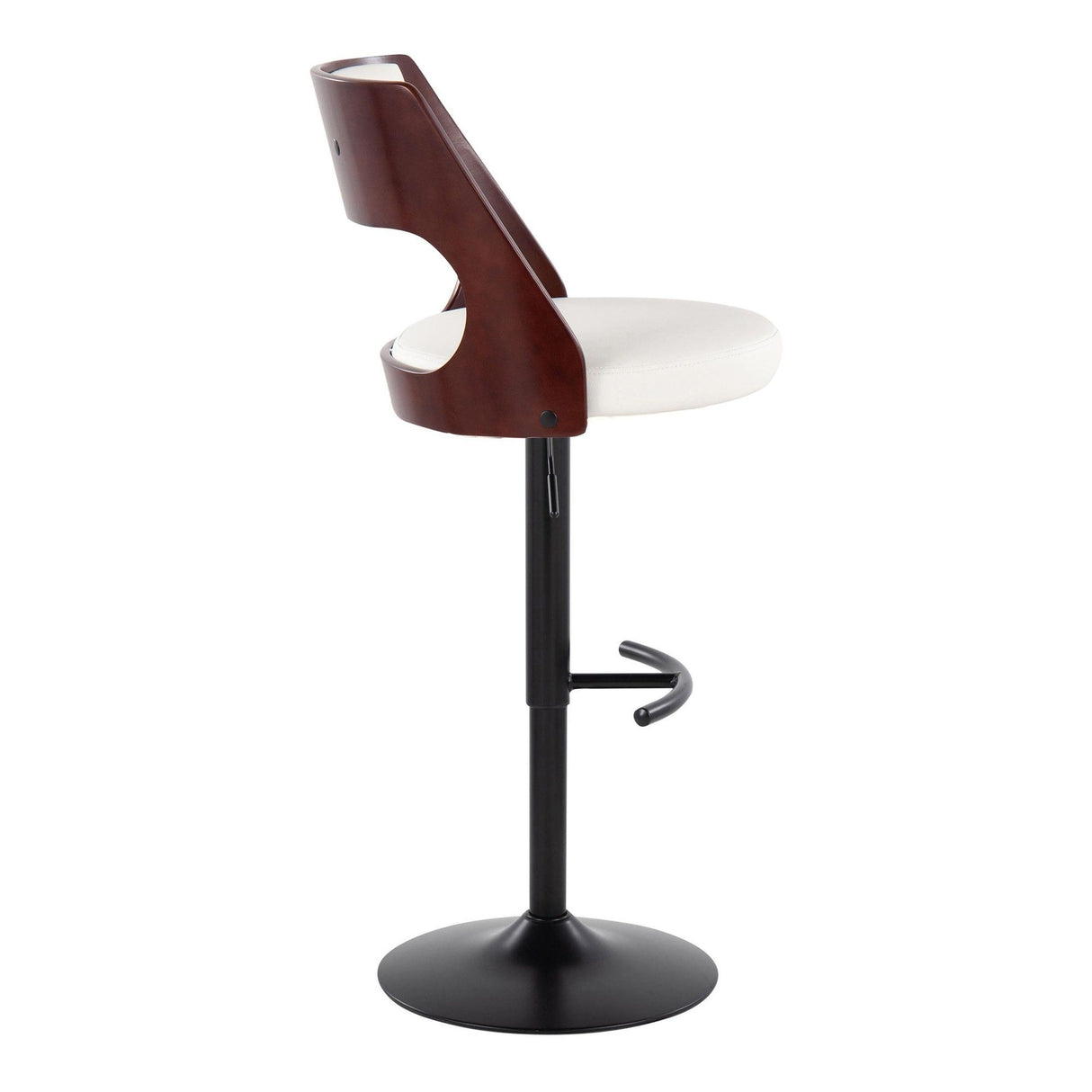 Cecina - Contemporary Adjustable Swivel Barstool (Set of 2) - Black Metal, Cherry Wood, And White Faux Leather With Rounded T Footrest