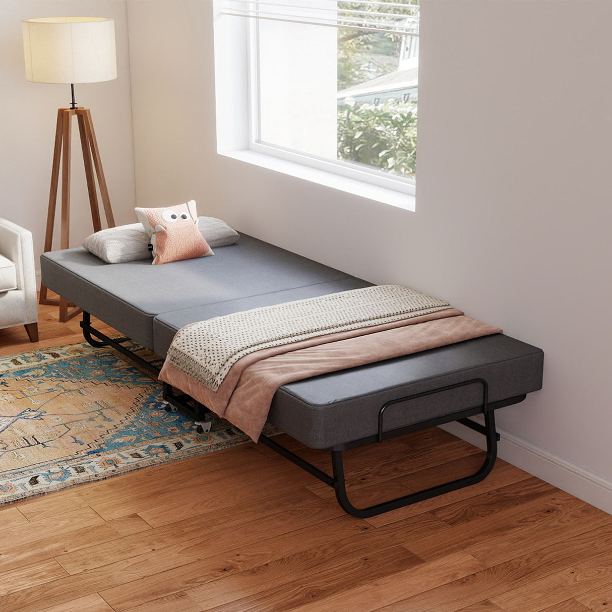 Twin Folding Bed With Memory Foam Mattress, 4 Lockable Wheels - Gray