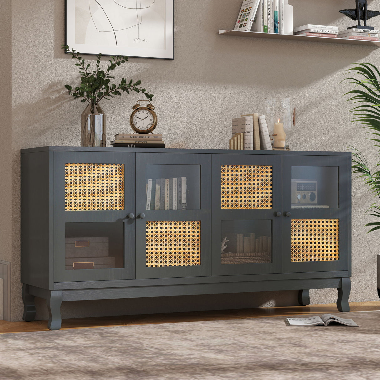 Retro Industrial 4 Door Sideboard With Large Storage, Rattan And Glass Doors