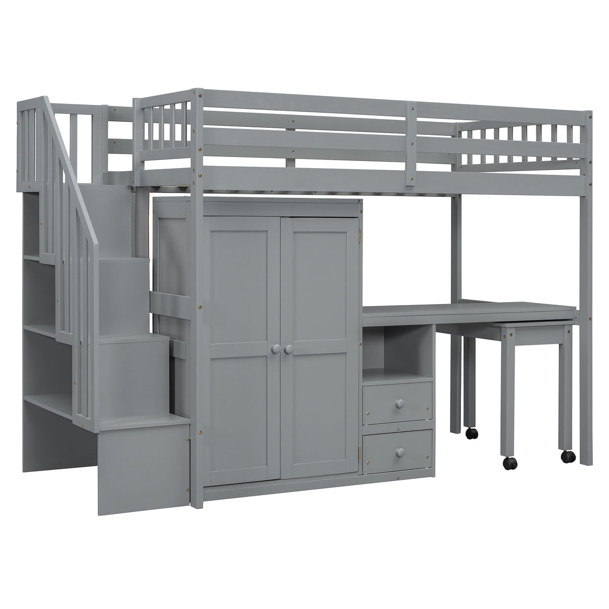 Loft Bed With Stairs, Bookshelf, Drawers, Desk & Wardrobe, Space Saving Multifunctional Furniture